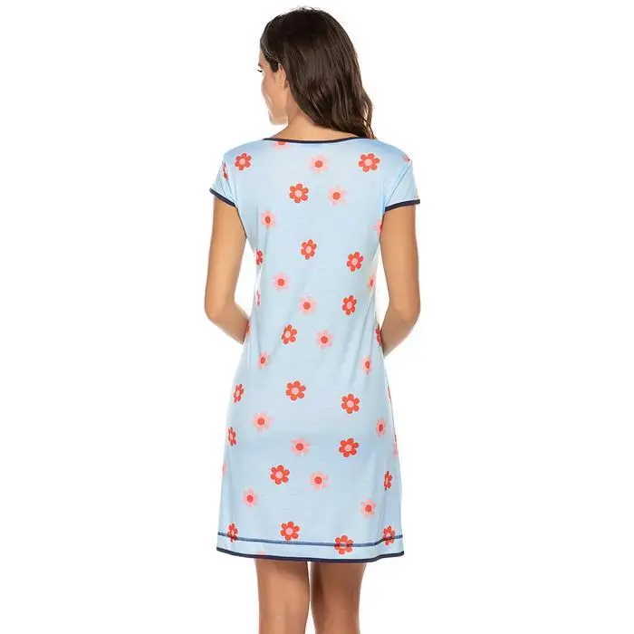 Ekouaer Для женщин Ночная Рубашка домашняя пижама с О-образным вырезом Кепки рукавом цветочные принты ночная рубашка с принтом Домашняя одежда для сна