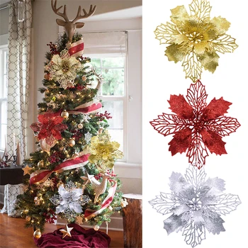 

5Pcs 16cm Big Flower Head Artificial Glitter Flower For Christmas Tree Ornament Fake Christmas Flower New Year Home Decoration