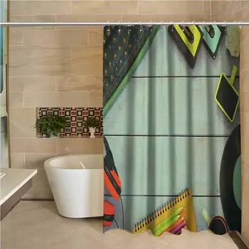 

Indie Professional Shower Curtain Eighties Style Objects Over Wooden Table Typewriter Cassettes Record Headphones Image