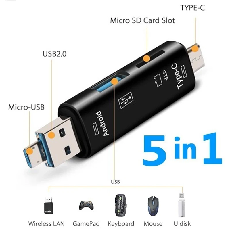 5 In 1 Multifunction Usb 2.0 Type C/usb /micro Usb/tf/sd Memory Card