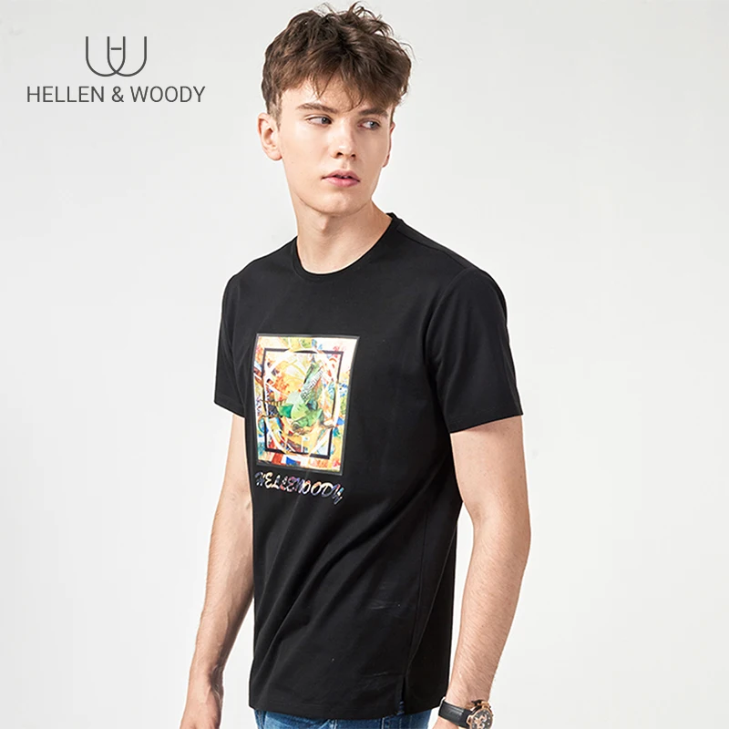 

HW Summer New Oil Painting Printing Short-Sleeved T-shirt Men's Cotton Trend Round Neck White Bottoming Shirt