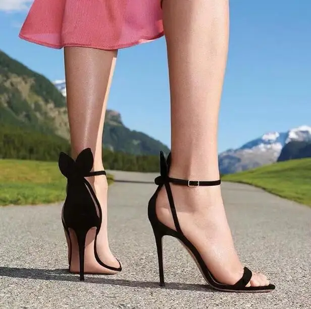 

Fashion Woman Black Nude Suede Butterfly Knot Back High Heel Sandals Female Simple One Line Ankle Buckle Strap Party Sandals