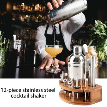 

12pcs Stainless Steel Drink Mixing Party Measuring Cup Diversion Nozzle Bamboo Stand Professional Cocktail Shaker Set Filter