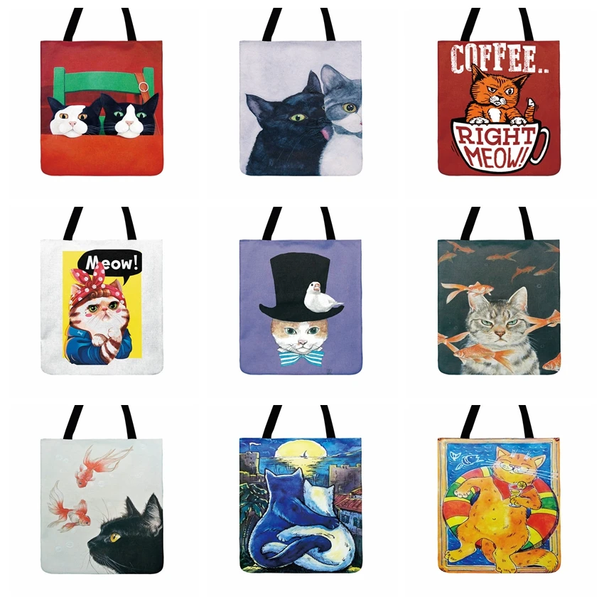 Tote-Bag Painting-Print Casual Fashion Cartoon Women Cat Outdoor Illustration Ladies