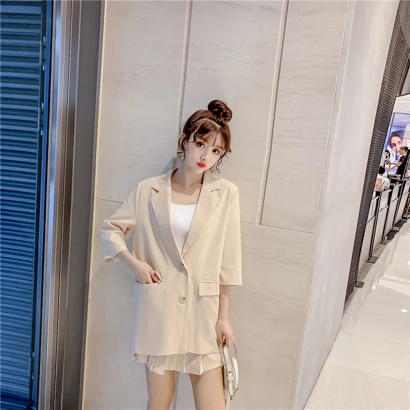 Photo Shoot~ Online Celebrity CHIC Small Suit Coat Women's Korean-style Loose-Fit British-Style Suit Pleated Skirt Two-Piece Se