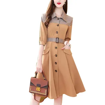 

Women Safari Style Patchwork Dresses Female Half Sleeve Button Knee-Length Turn-down Collar High Waist Windbreaker Dresses AA324