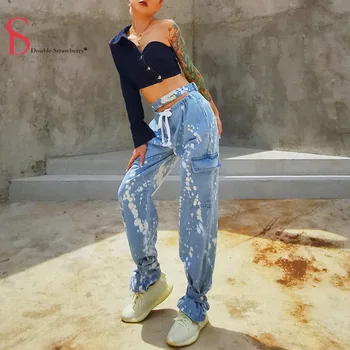 

Double Strawberry Summer New Fashion Casual Elastic Waist Tie Dyeing Collect Feet Large Pocket High Waist Slim Women Jeans Pants