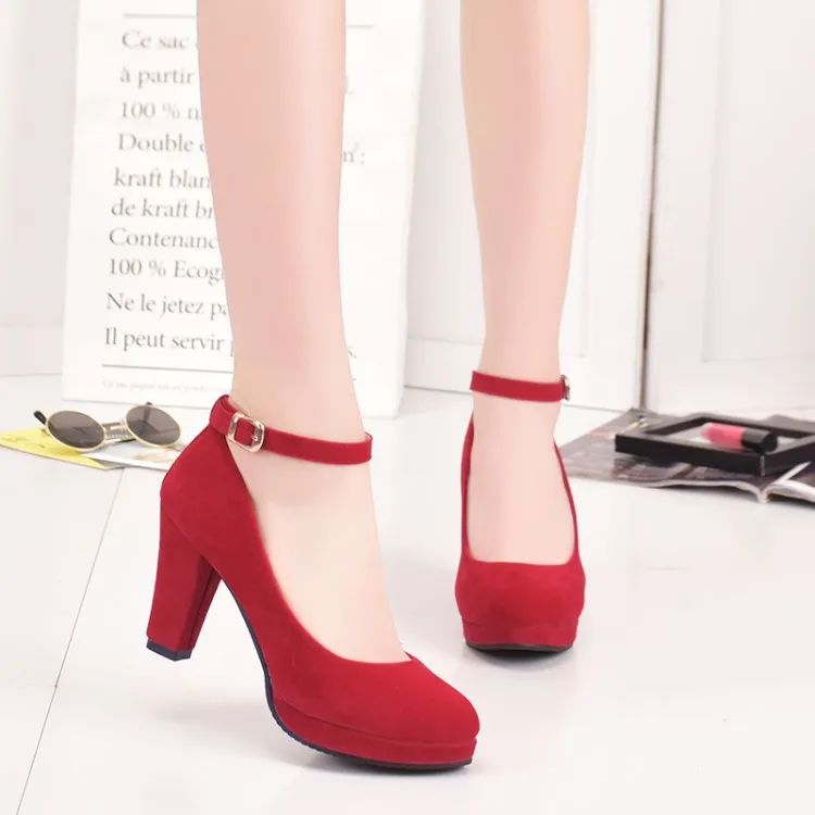 

2019 Spring And Autumn Korean-style Fashion WOMEN'S Shoes Pointed Toe Chunky Heel Suede High Heel Shoes WOMEN'S Shoes Red Weddin
