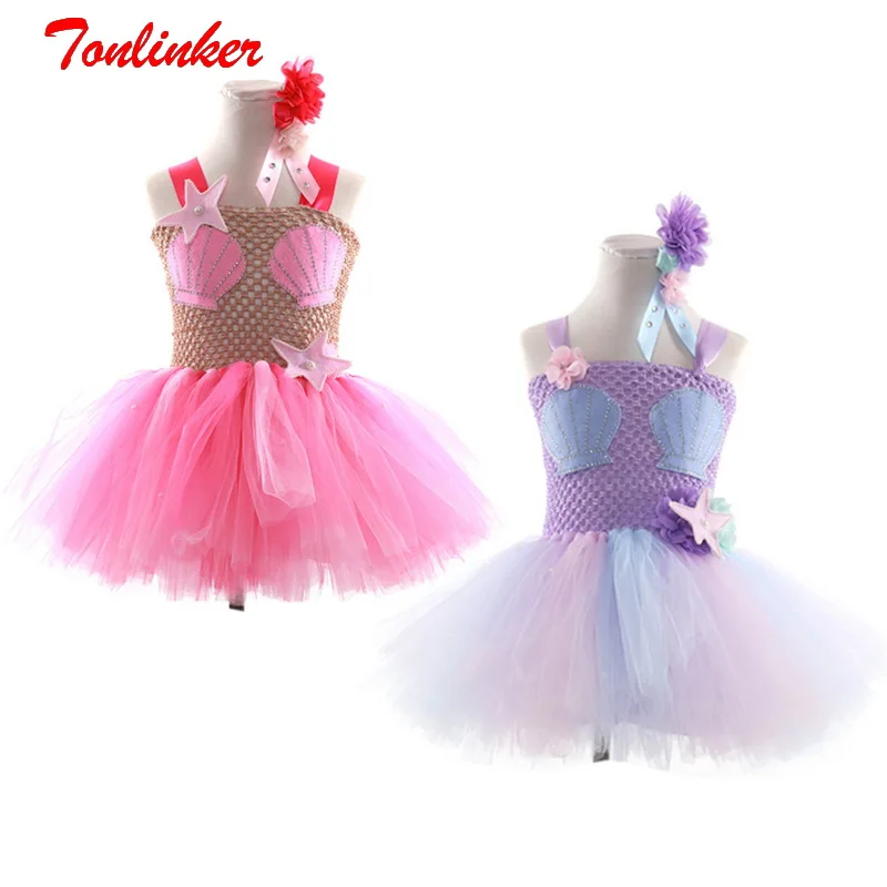 New Kids Halloween Children Cosplay Party Dress Up Girls Princess Mermaid Costume Sleeveless 3D Flower Mesh Dress Hair Hoop Suit