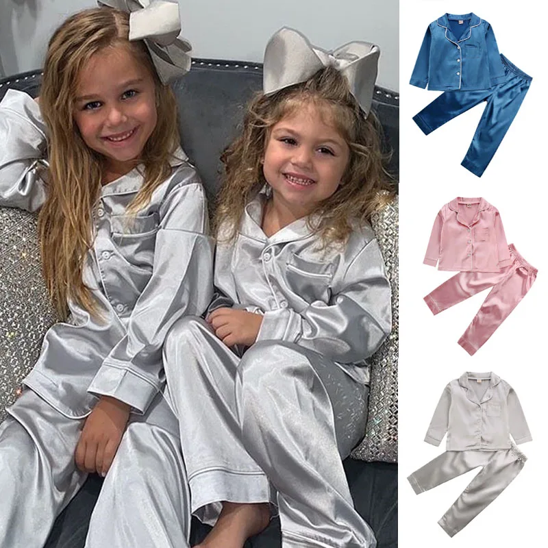 1-7Y Toddler Baby Boy Girl Pajama Sets Silk Satin Top Pant Long sleeve Solid Button-Down Set Kids Sleepwear Nightgown | Мать и ребенок