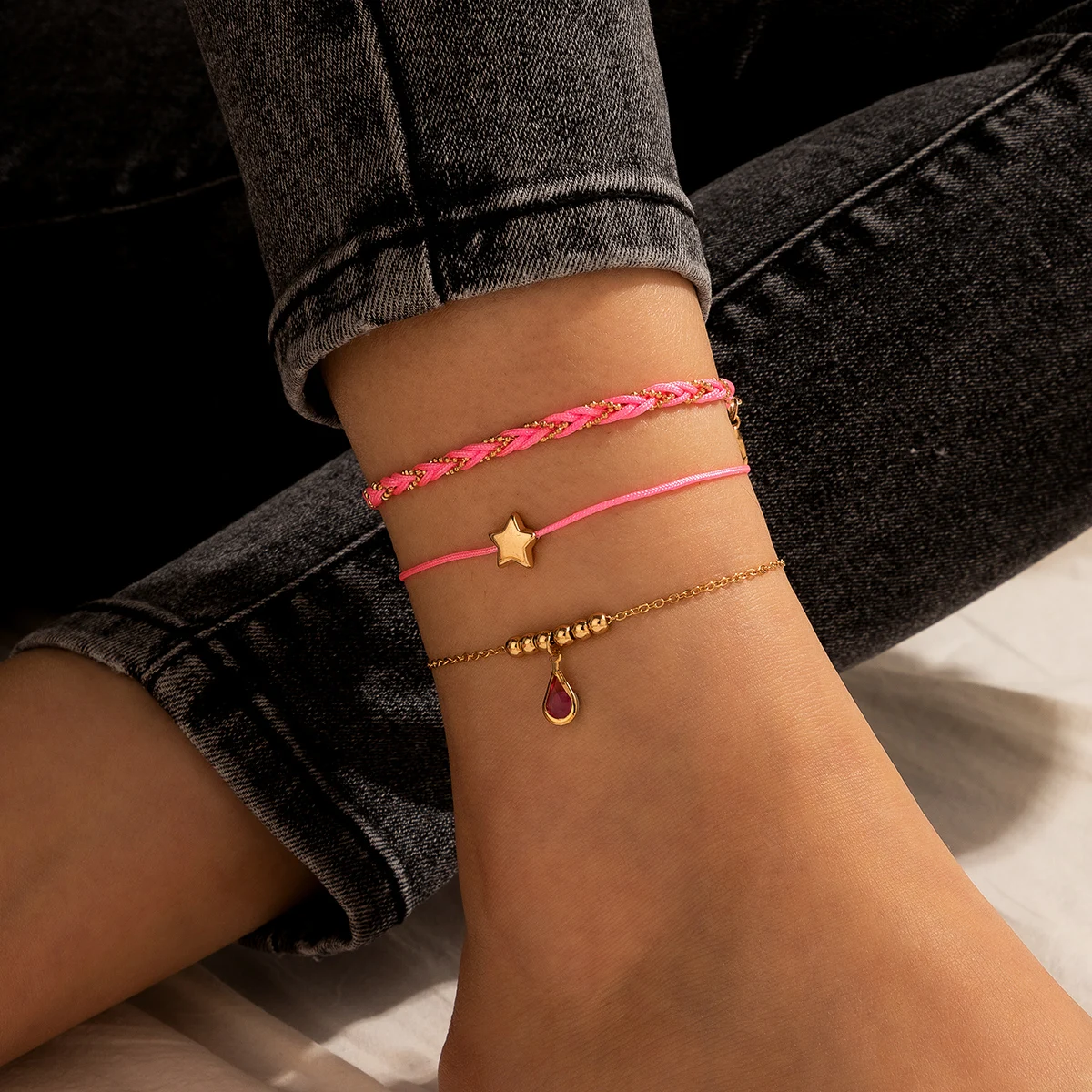 docona 3pcs/set Bohemia Weave Rope Anklet for Women Charm Metal Alloy Star Pink Water Drop Foot Chain Female Jewelry 15829 | Украшения и