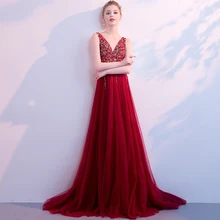 Хит, платья для выпускного вечера, дешевые, трапециевидные, длинные, бордовые, сексуальные, с открытой спиной, вечерние платья, расшитые бисером, тюль, для помолвки, свадьбы, одежда для гостей