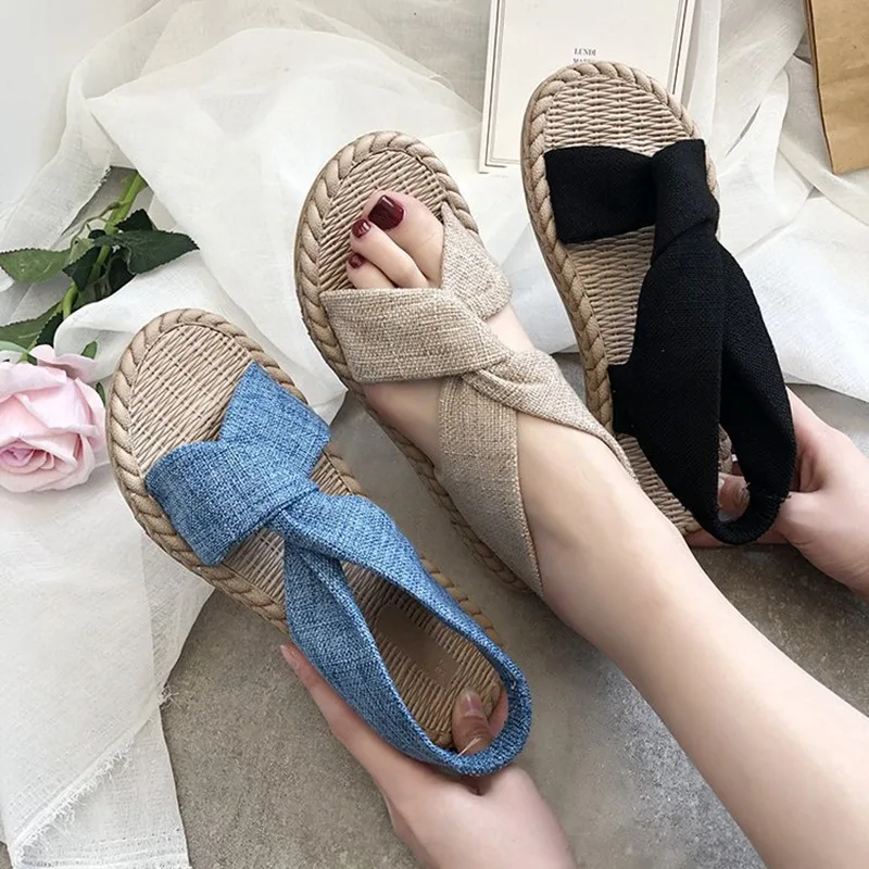 Sandalias de paja lino para mujer, chanclas tejidas con tiras cruzadas zapatos planos de abierta para uso al aire libre, playa, verano, 2021 - AliExpress Calzado