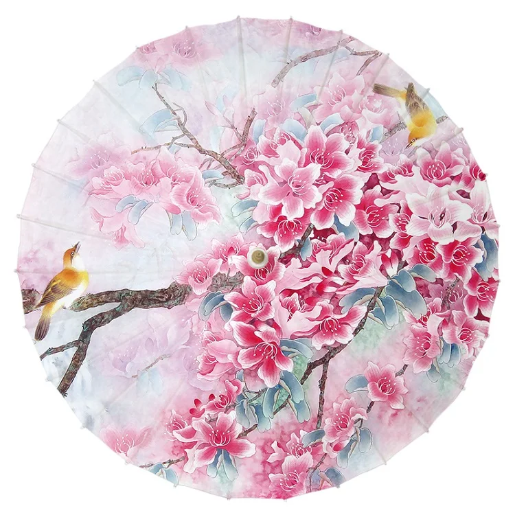 Wedding Hanging Decor Oil Paper Umbrella Pink Cherry Flower Blossom Paper Parasol Yellow Birds Beautiful Scence Paper Umbrellas