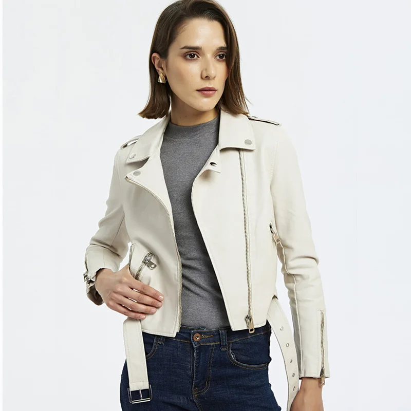 

Women Leather Jacket White Autumn Slim Short Zipper Biker Black Motorcycle Soft Faux Leather Jacket PU Fall Female Woman Coats