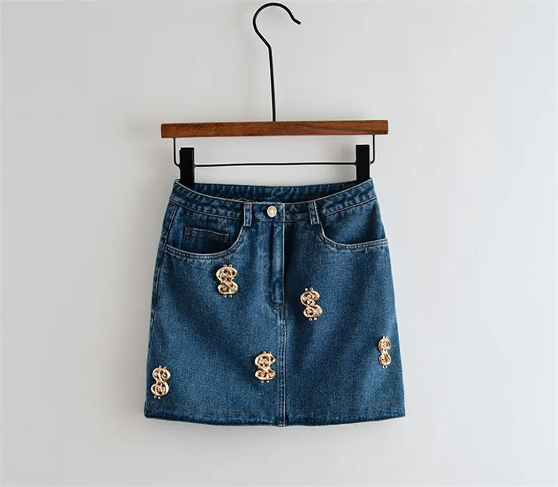Skirt Модные золотые деньги аппликации женские синие джинсовые куртки пальто для подиума однобортный укороченный джинсовый жакет пальто - Цвет: Skirt