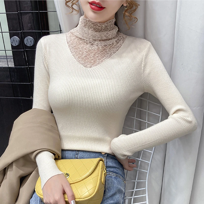 

Japanese Fashion Computer Knitted Sweaters for Women Lace Pullovers Office Lady Knit Sweater Women Wool Black Oversized Sweater