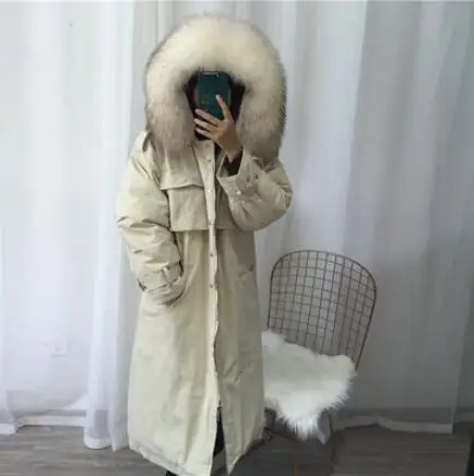 30 градусов Женское зимнее пальто большой натуральный мех енота воротник толстый теплый пуховик с капюшоном длинный белый пуховик - Цвет: beige coat-white fur