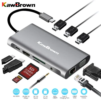 

KawBrown 10 in 1 USB Type-C Hub Type C Hub to VGA +RJ45 Type C to 4K HDMI PD SD TF Card Reader 3.5mm Audio Hub for Laptop