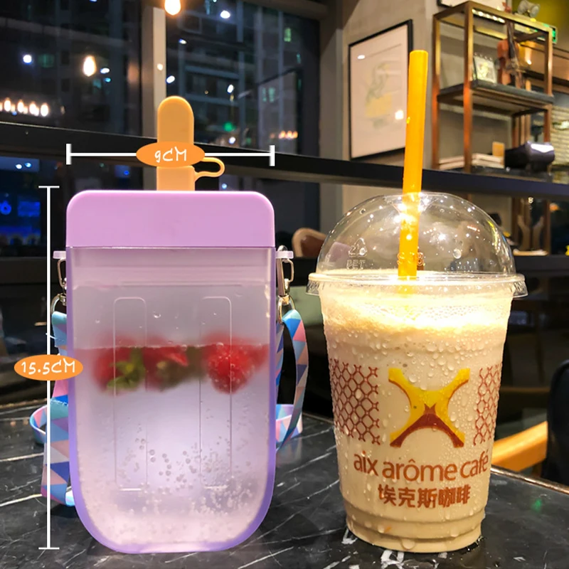 빨대가 달린 야외 물병, 휴대용 로프, 여행 물병, 학생 여아 물컵, 주스 마시는 병, BPA 프리, 여름