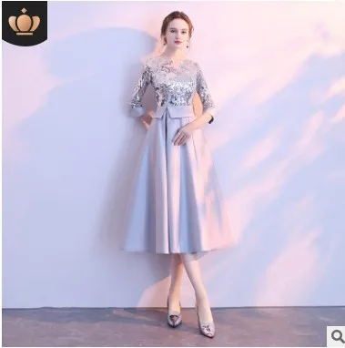 HJZY8590# вечернее платье длинный круглый воротник невидимая молния Свадебная вечеринка Выпускной День Святого Валентина платья - Цвет: Grey  Middle