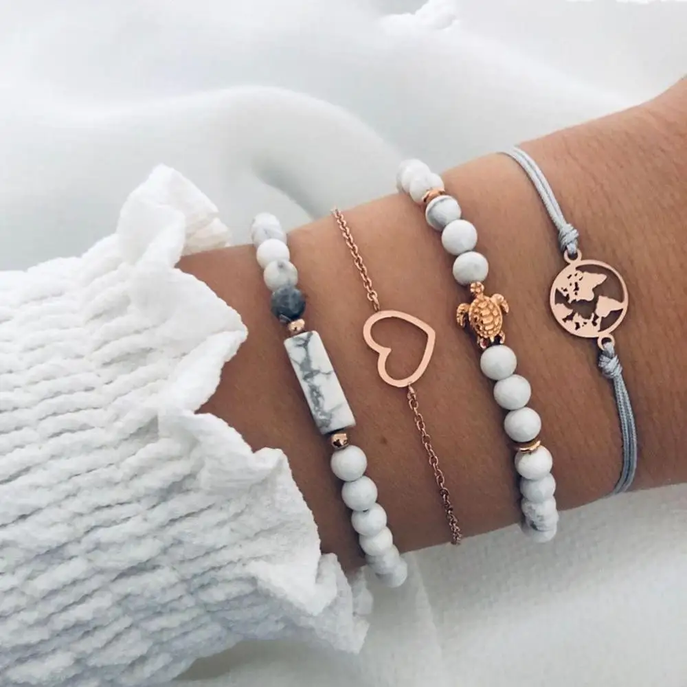 

4pcs/set New Trendy Gold Color Hollow Heart Circle Charm Arm Cuff Bracelets Bohemia Beads Stone Rope Strand Bracelets Set