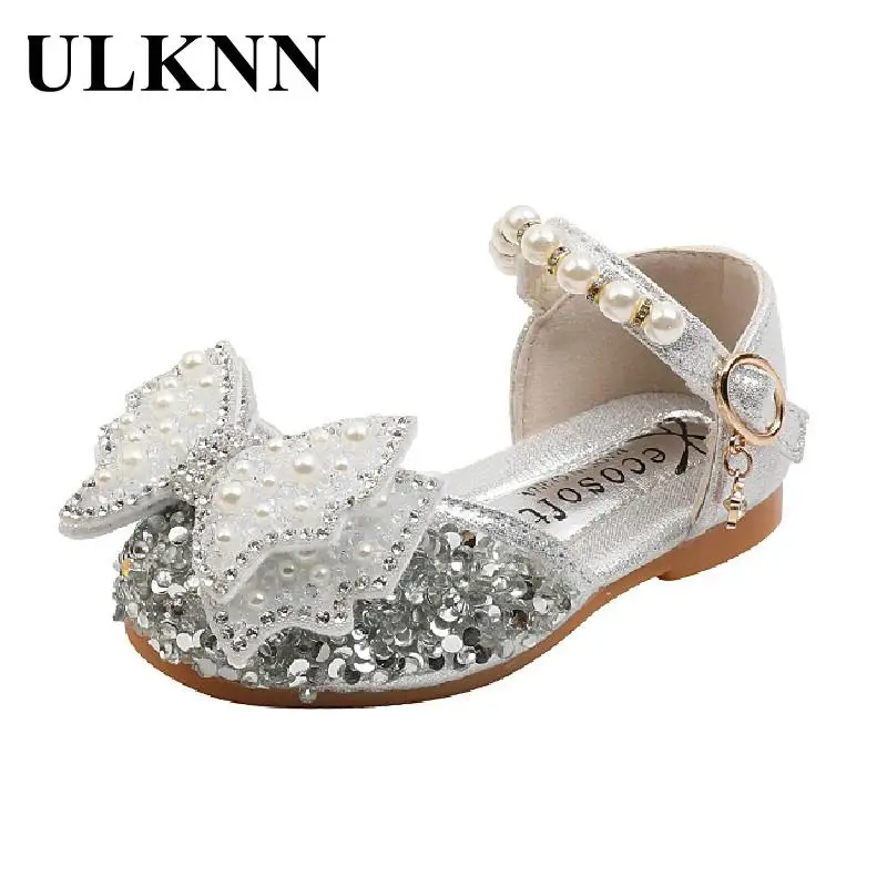 

ULKNN Kid's Princess Girls Shoes 2023 Children New Girl Crystal Soft Bottom Sequined Single Flat Shoes Silver Leather Shoes