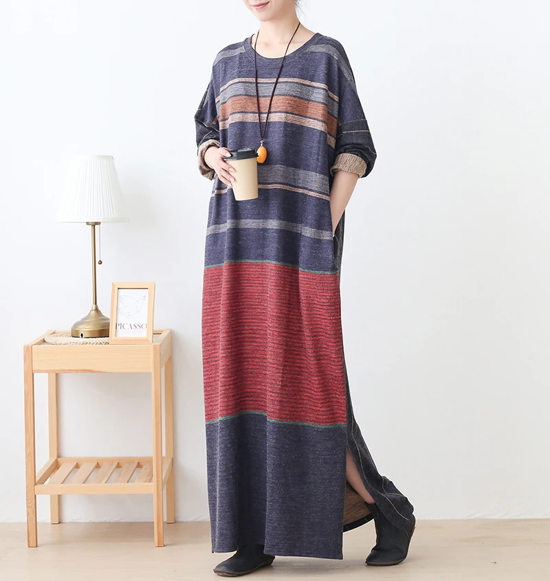 New Autumn Maxi Dresses for Women Casual Loose Long Sleeve Dress Women Knitting Striped Rabbit Hair Printed Robe Winter Vestidos