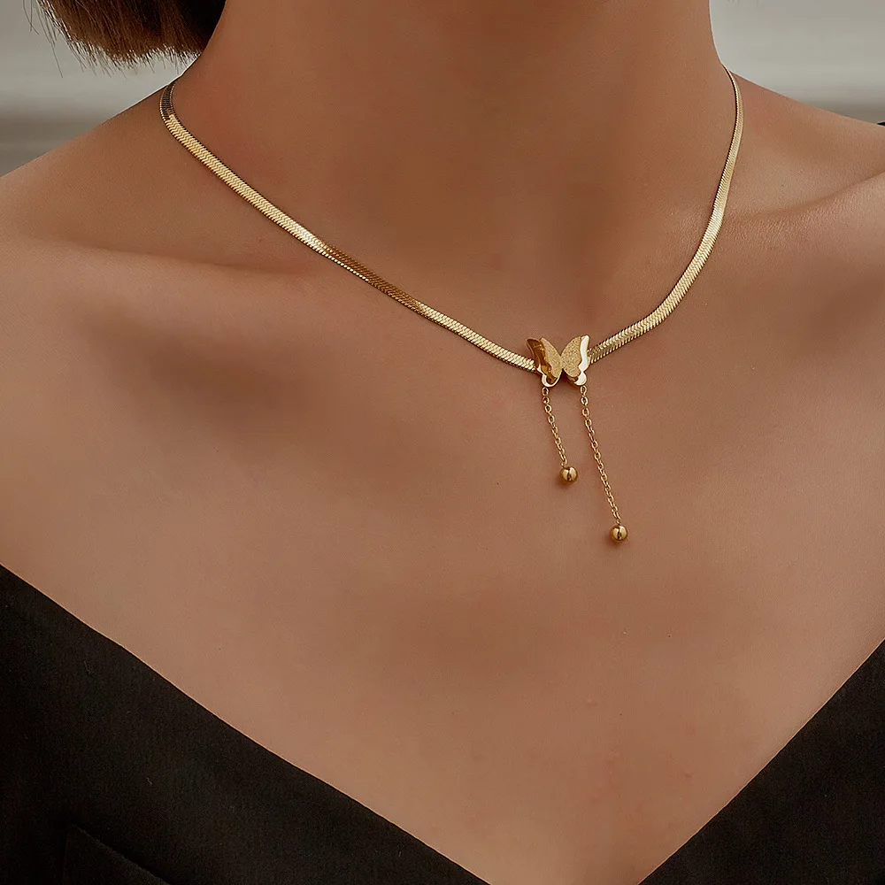 316L Stainless Steel Fashion Upscale Jewelry Matte 2-layer Butterfly Choker Charms Snake Bone Chain Necklaces Pendants For Women | Украшения
