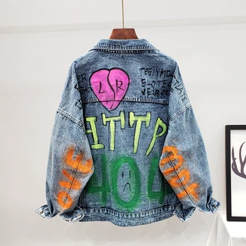 

2020 spring and autumn new fashion letters hit color stitching painted graffiti pocket denim jacket female 2087