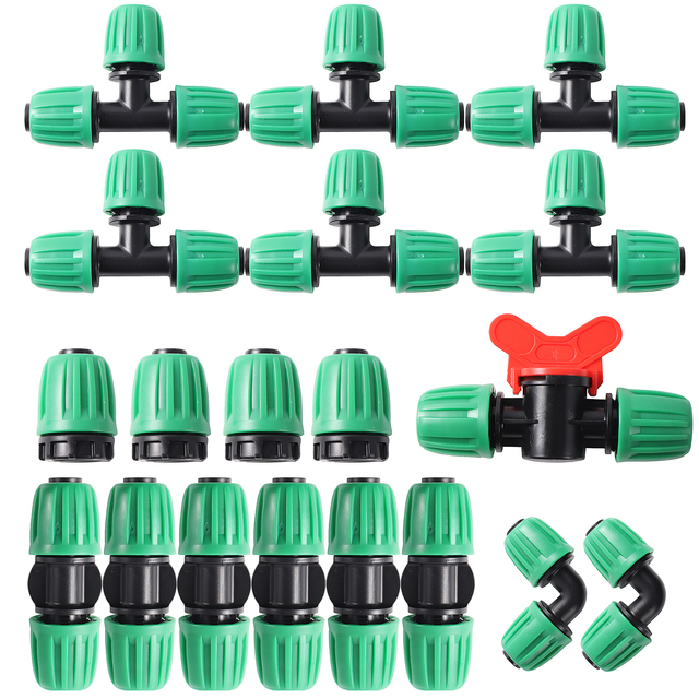 Pipe Tee Elbow Straight Locked Connector Water Control Valve 16mm Pipe Convert 4/7mm Hose Fittings Garden Water Joint 19Pcs