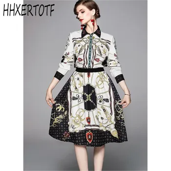 

spring Autumn Fashion Elegant Skirt Two Pieces Set Women's Vintage Print Blouses Shirt + Elastic Waist Casual Skirts Set