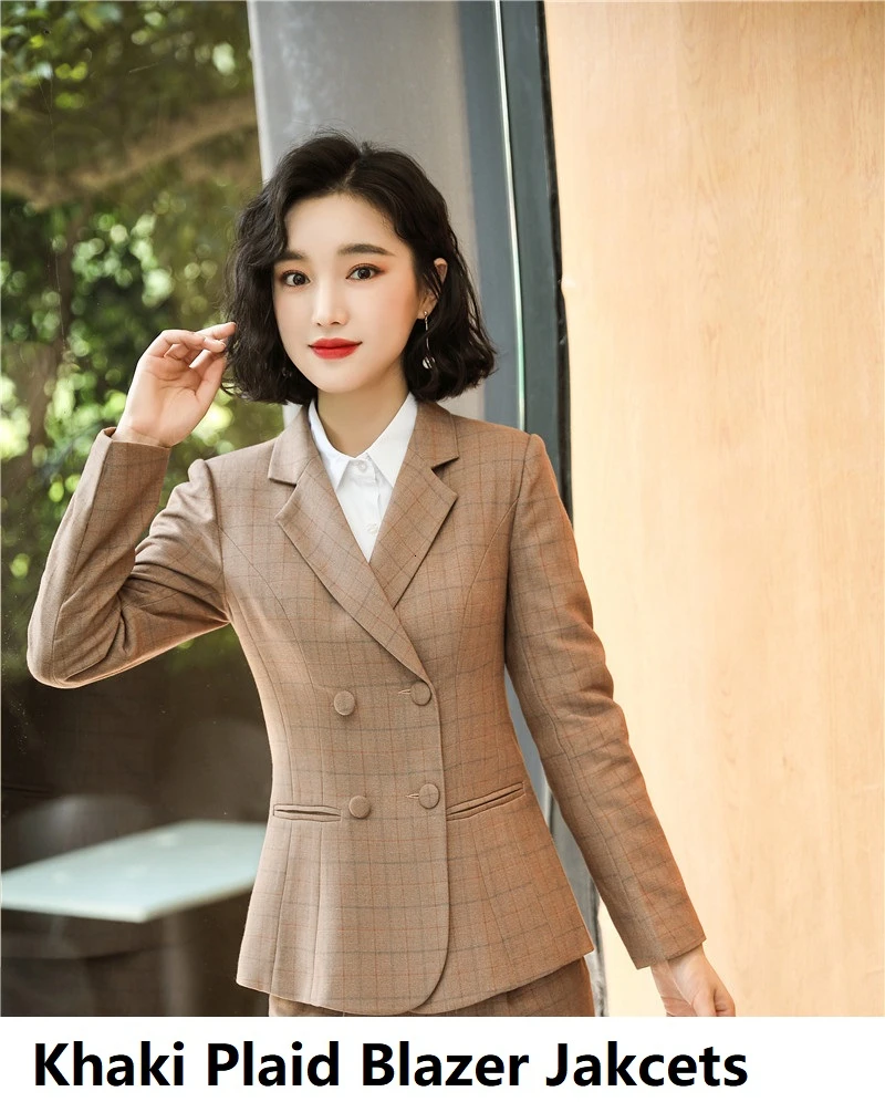 Khaki Plaid Новинка розовый с длинным рукавом Формальные пиджаки и куртки пальто двубортный OL стили Топы Верхняя одежда Пальто для дам Blaser - Цвет: Khaki Plaid
