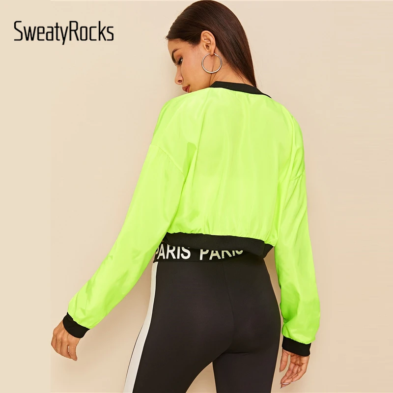 SweatyRocks неоновая зеленая куртка-бомбер на молнии, уличная Женская куртка, Осенние повседневные пальто и топы