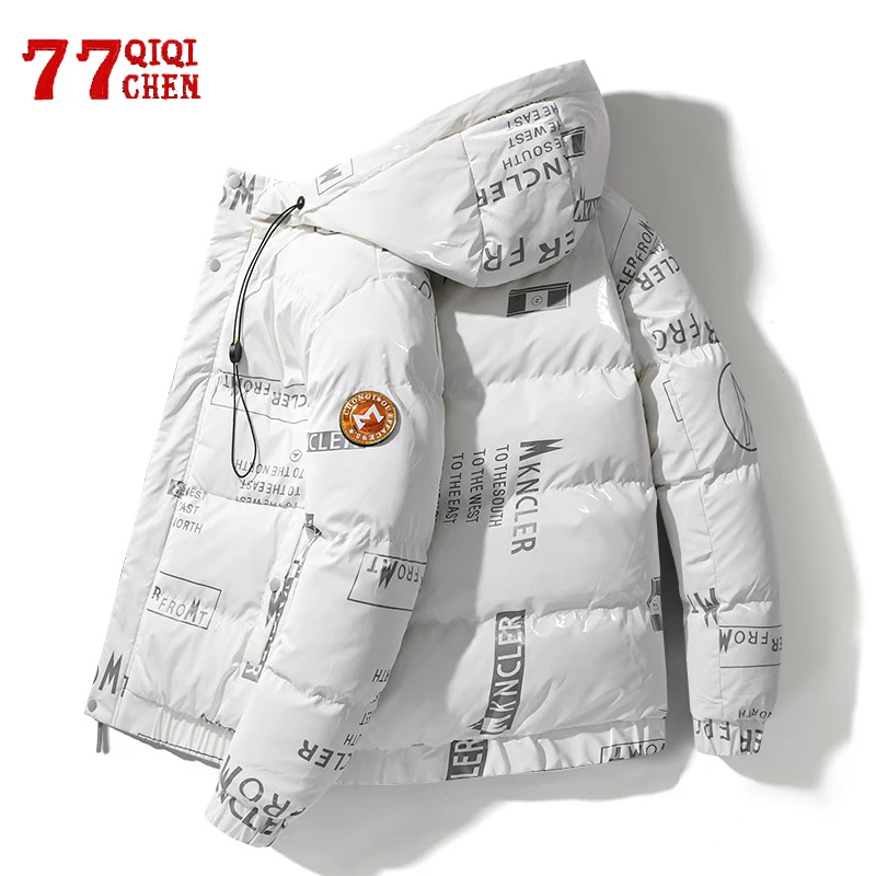 

Winter Cotton Parka Men Thicken Warm Casual Hooded Shiny Jackets Male Windproof Fashion Zipper Autumn Letter Printing Slim Coat