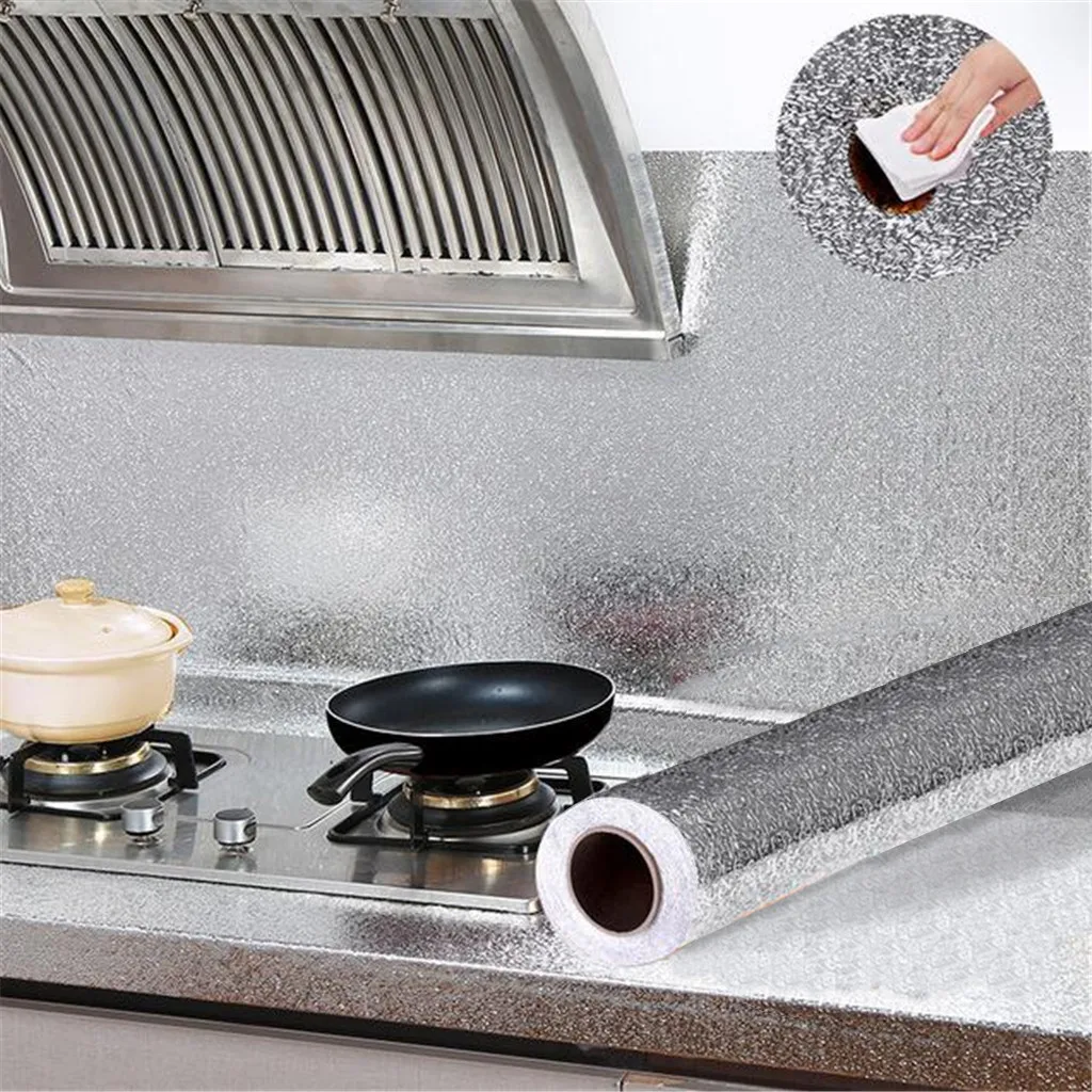 

60x100cm Kitchen Oil-proof Waterproof Stickers Aluminum Foil Kitchen Cabinet Self Adhesive Wall Stickers DIY Wallpaper#1124y25