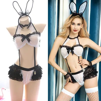 

Sexy Erotic Lingerie Set Cosplay Bunny Girl Babydoll Role-playing Uniform Halter Bra Open Crotch Panties Cute Tail Bunny Costume