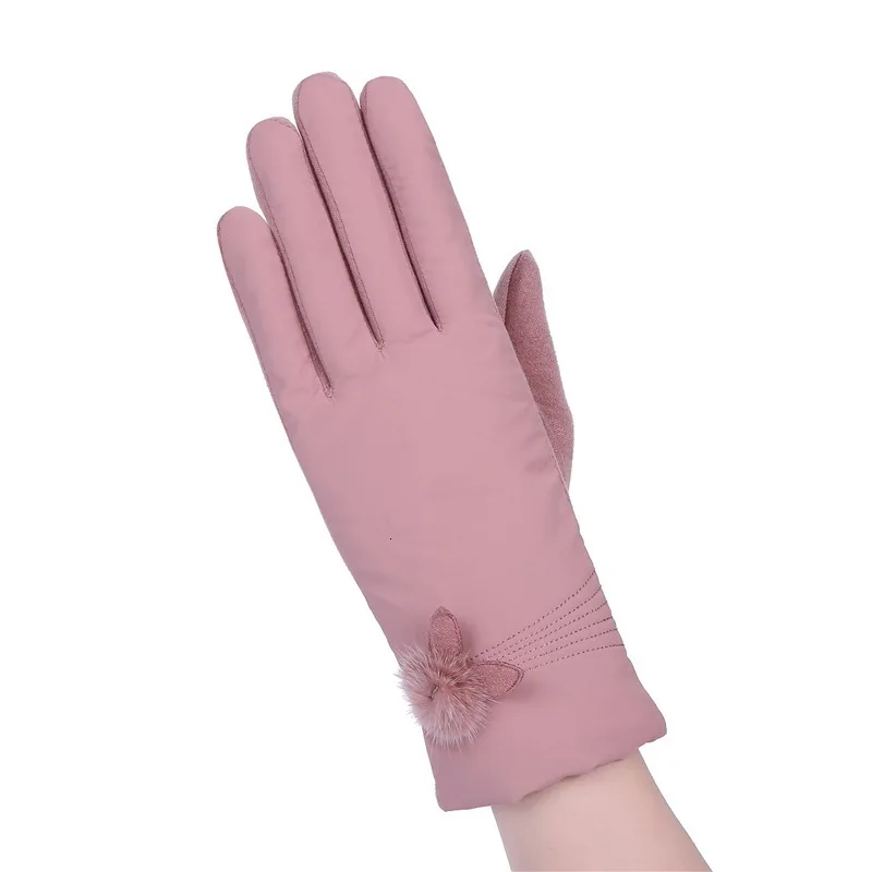Осенне-зимние теплые меховые варежки перчатки высокого качества Модные женские имитация кожи Кролик Вышитые Перчатки Горячая Распродажа Мода - Цвет: pinkrabbit