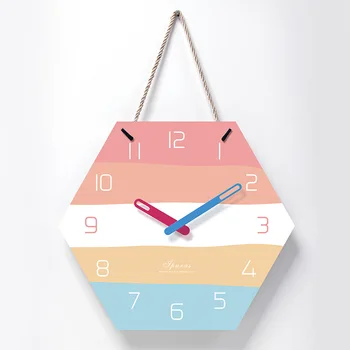 

Acrylic Lanyard Wall Clock Hexagon 14 Inch Colorful Striped Pattern Wall Clock Suitable for Living Room Office