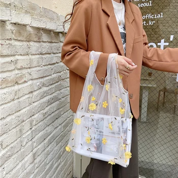 

Daisy Flower Storage Bag Women Organza Totes Bag Flower Embroidery Handbags Korean Style Female Mesh Girls Sweet Shopping Purses