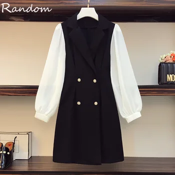 

Autumn Black Patchwork Shirt Office Dress Women 2020 Notched Plus Size Chiffon Long Sleeve Prom Party Double breasted Dresses