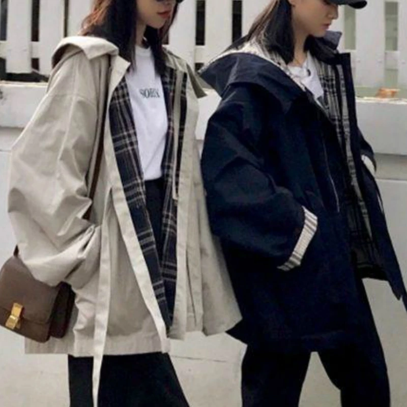 Trench Women Hooded Plaid Adjustable Waist Oversize Loose Trendy Harajuku Casual Safari Style Streetwear Womens Coats Ulzzang