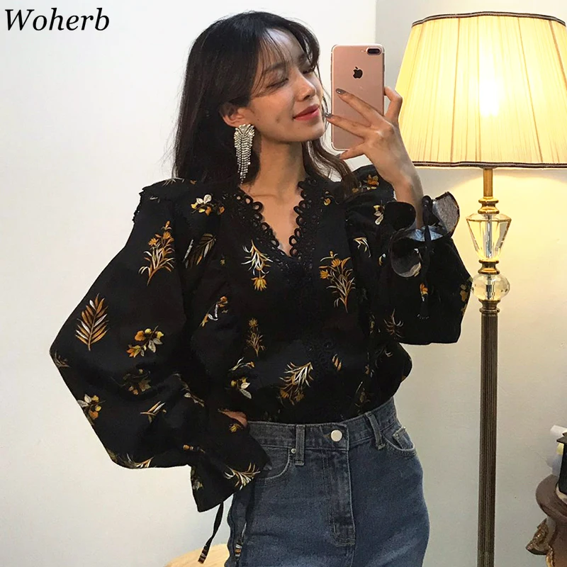 Woherb 2020 винтажные женские блузки в Корейском стиле с милым цветочным принтом