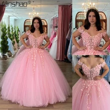 

Fanshao Pink Quinceanera Dresses 3D Flowers Appliques Off The Shoulder For 15 Girls Ball Formal Party Gowns Exquisite