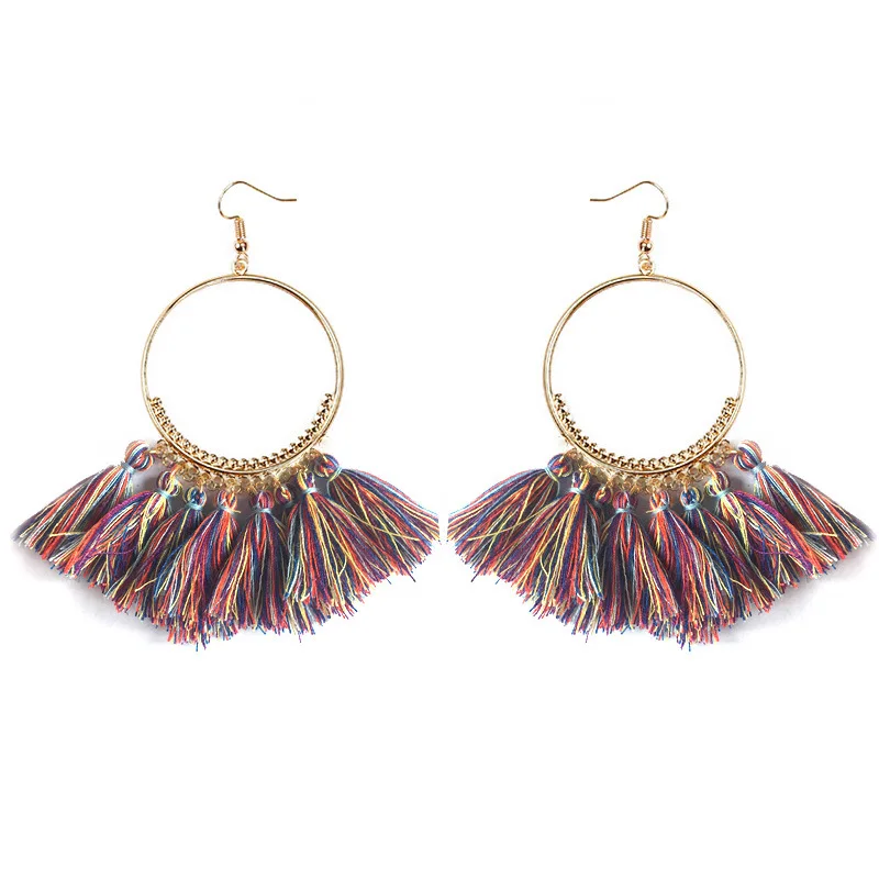 Винтажные висячие женские серьги-кольца Boho с бахромой, модные серьги в богемном стиле - Окраска металла: 12Colorful