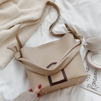 

Burminsa Korean Style Soft Bucket Shoulder Bags For Women Large Capacity Wide Strap PU Leather Ladies Messenger Bags Summer 2020