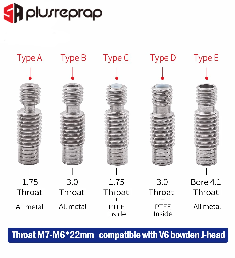 V6 Throat Heat Break Hotend J-head M7*M6*22mm Bowden Teflon tube for 1.75 mm 3 mm Filament Bore 4.1mm 3D Printer Stainless Steel