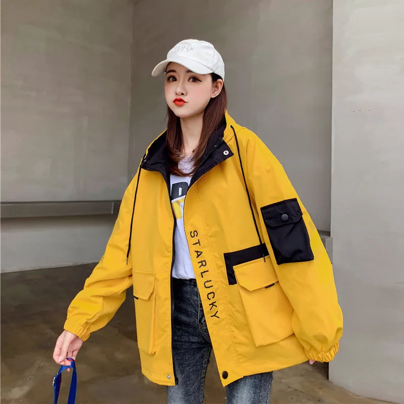 

Hong Kong Style CHIC Korean-style Loose Casual Coat Women's Spring And Autumn 2019 New Style Large Pocket Hooded Workwear Jacket