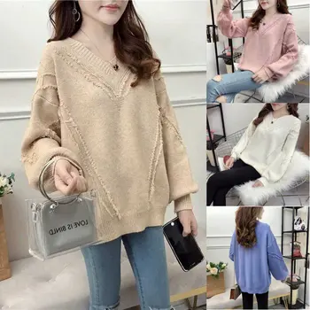 

Autumn Winter Women Sweaters Loose Pullover Sweater Slim Casual Tops V-Neck Knitted Tassel Tops Fashion Long Sleeve