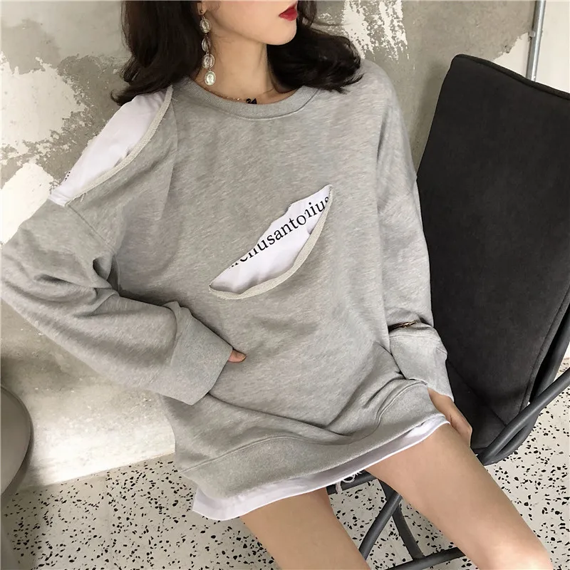 female autumn new fake two pieces of irregular hip hop tide street loose Korean bf wind student lantern sleeve